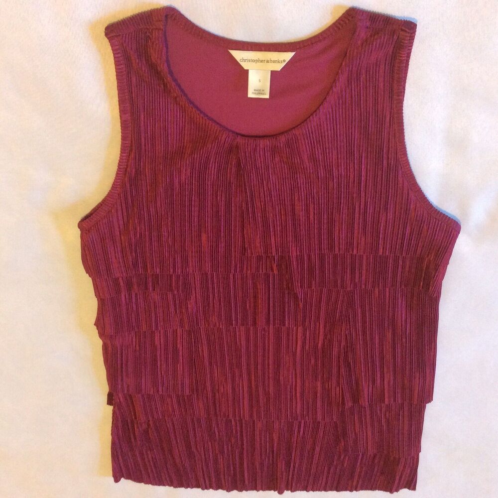 Christopher & Banks Women’s Top Sz S Wine Metallic Tiered Sleeveless Mini Pleats